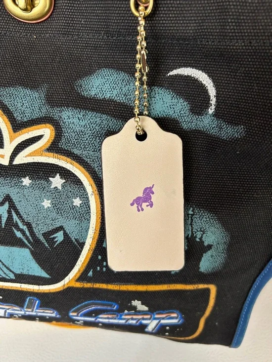 Coach Black Canvas Apple Camp Tote with Yellow Handles and Blue Trim - Picture 4 of 13